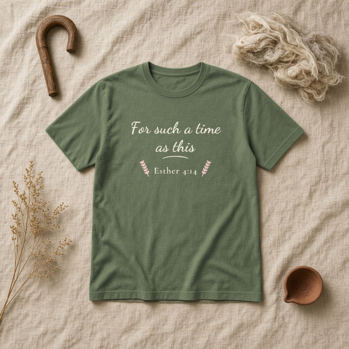 For Such a Time as This Esther 4:14 sage tee, flat lay