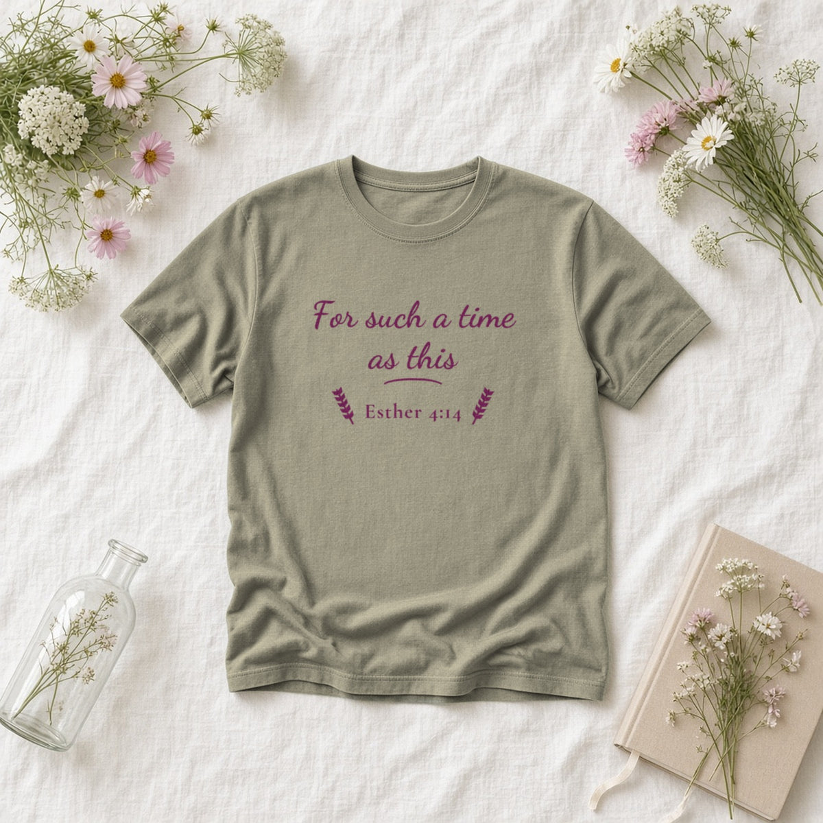 For Such a Time as This Esther 4:14 sandstone tee, flat lay