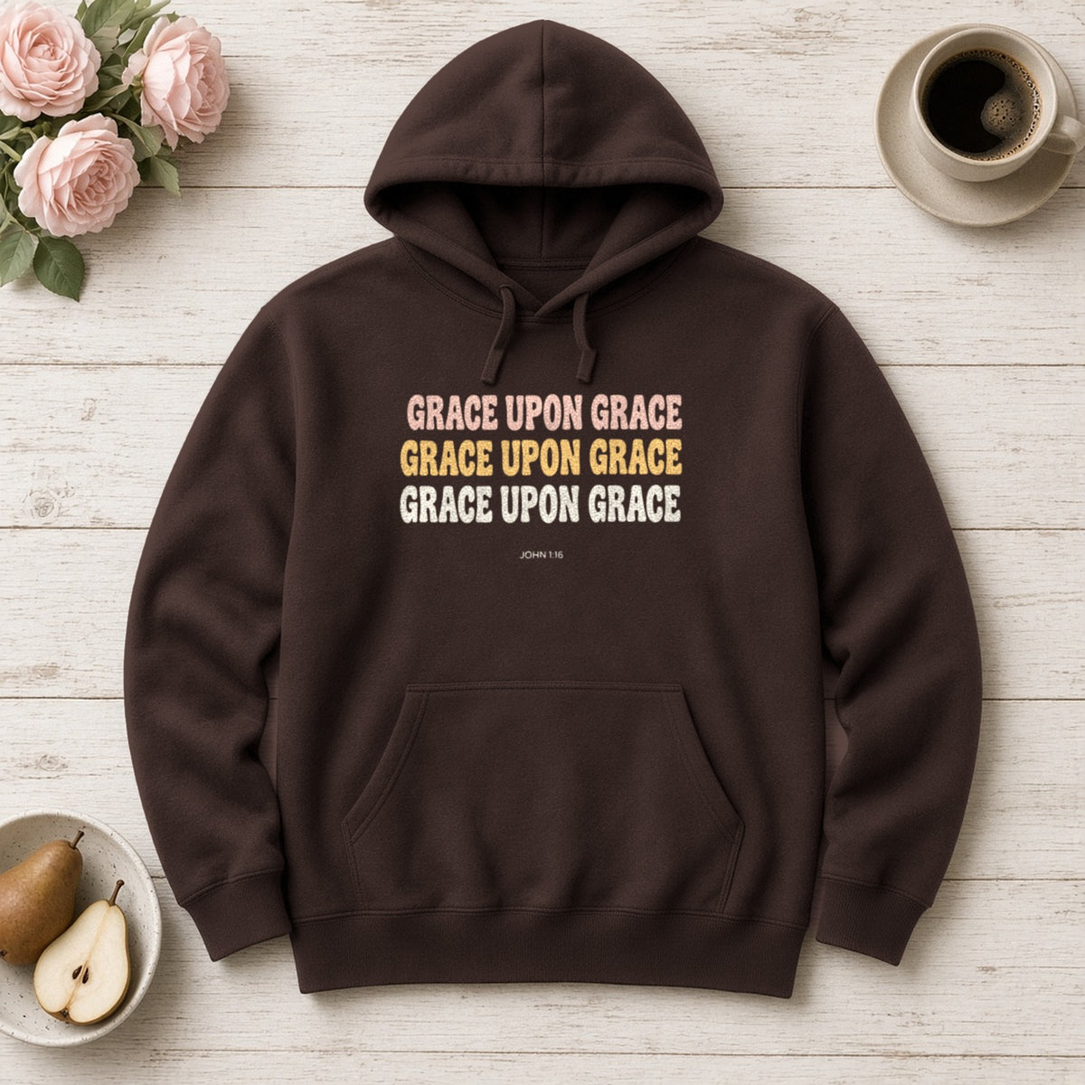 Grace Upon Grace John 1:16 dark chocolate hoodie, flat lay