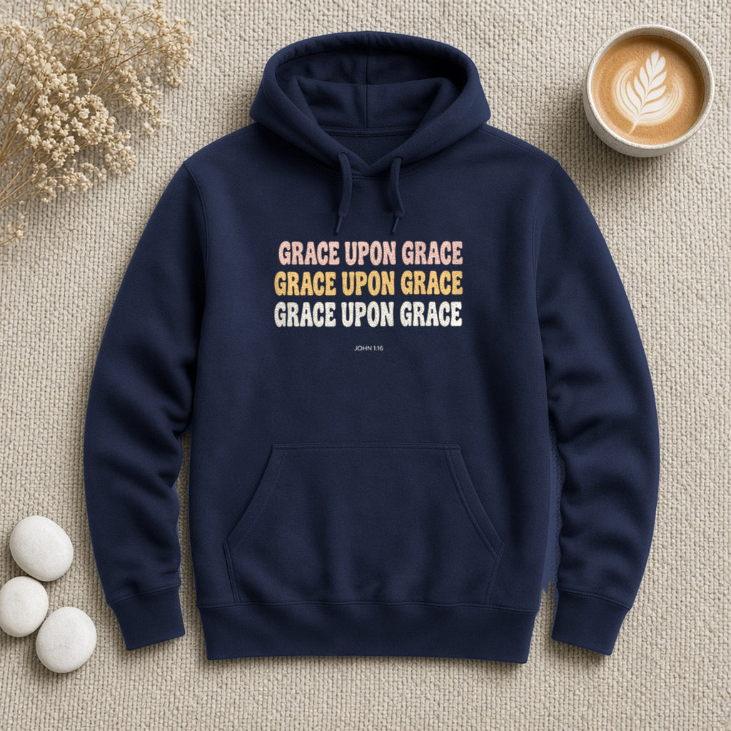 Grace Upon Grace John 1:16 navy hoodie, flat lay
