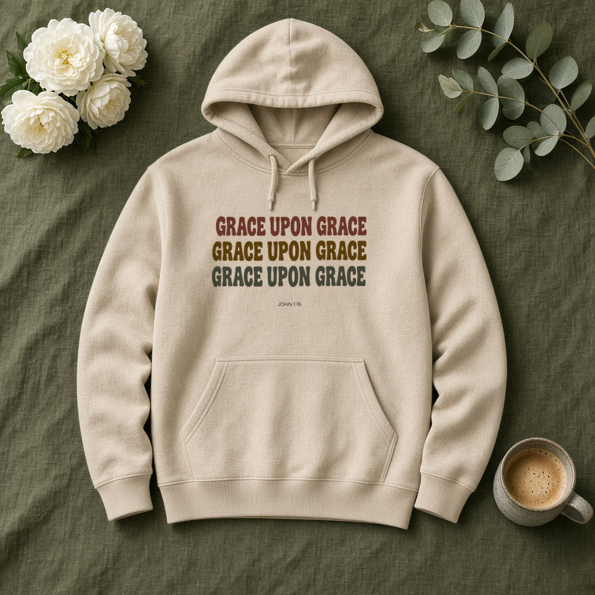 Grace Upon Grace John 1:16 sand hoodie, flat lay