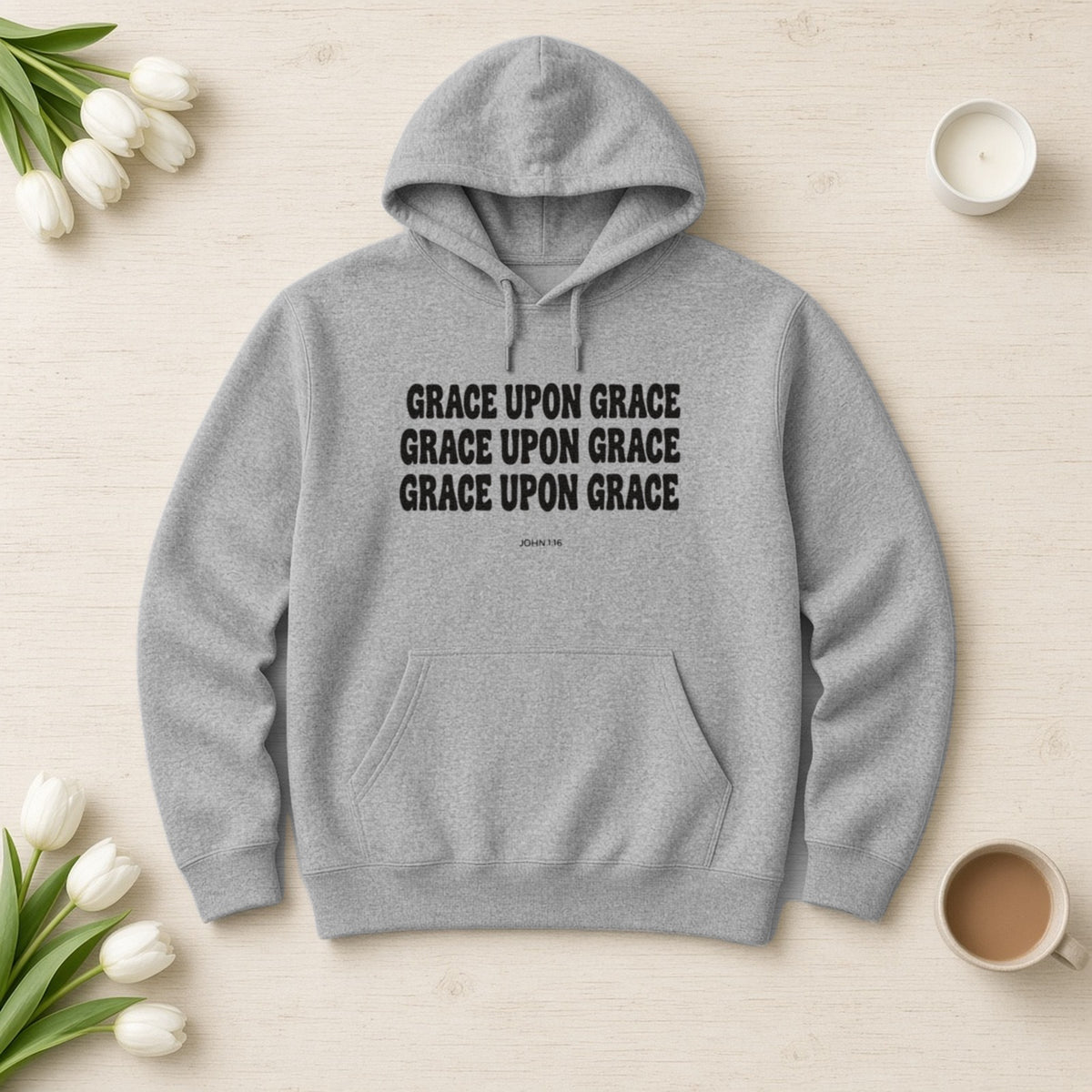 Grace Upon Grace John 1:16 sport grey hoodie, flat lay