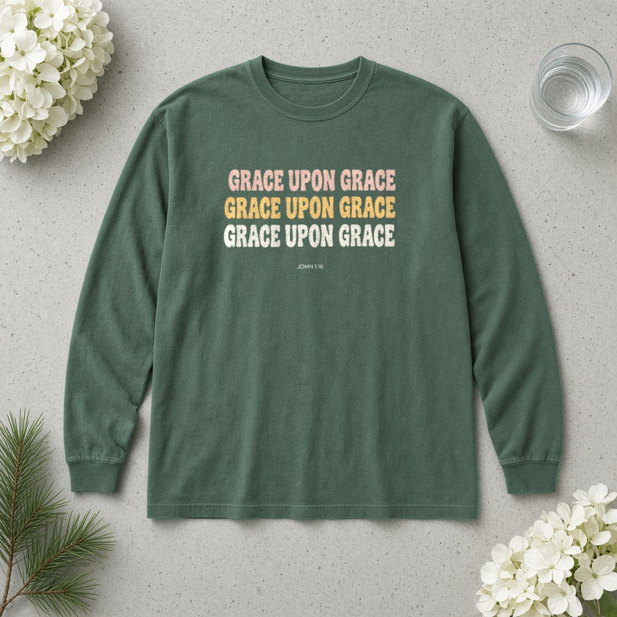 Grace Upon Grace John 1:16 blue spruce long sleeve tee, flat lay