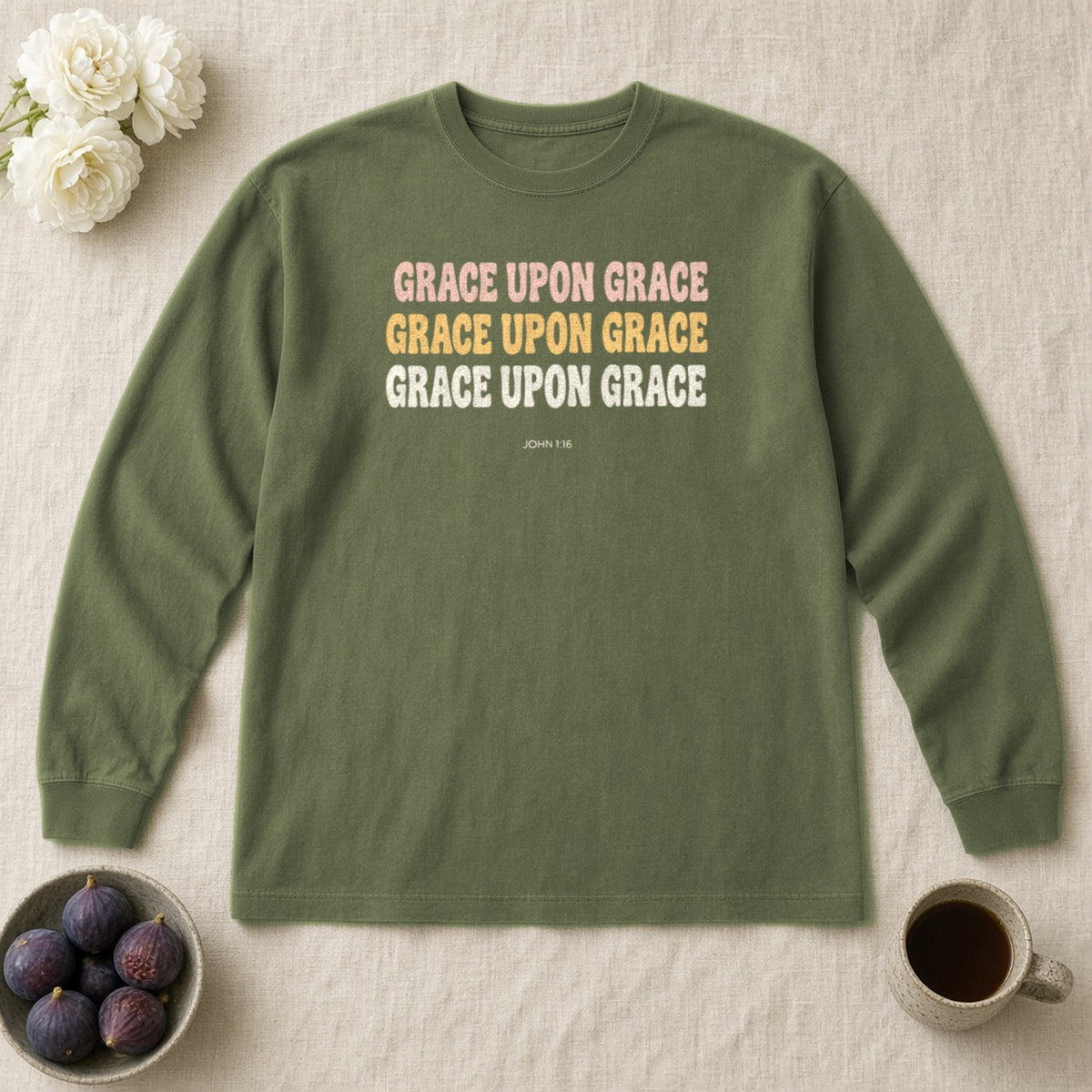 Grace Upon Grace John 1:16 hemp long sleeve tee, flat lay