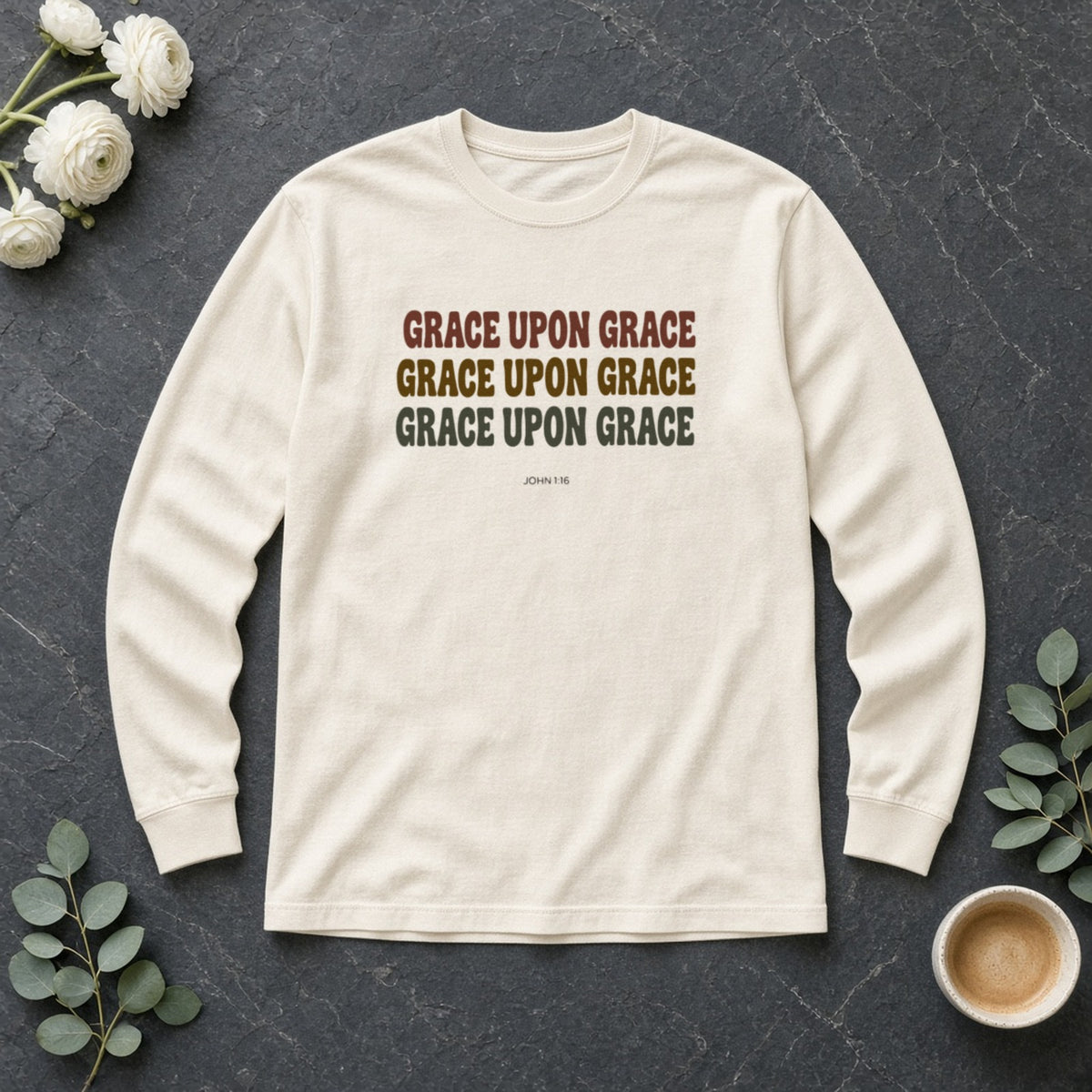 Grace Upon Grace John 1:16 ivory long sleeve tee, flat lay