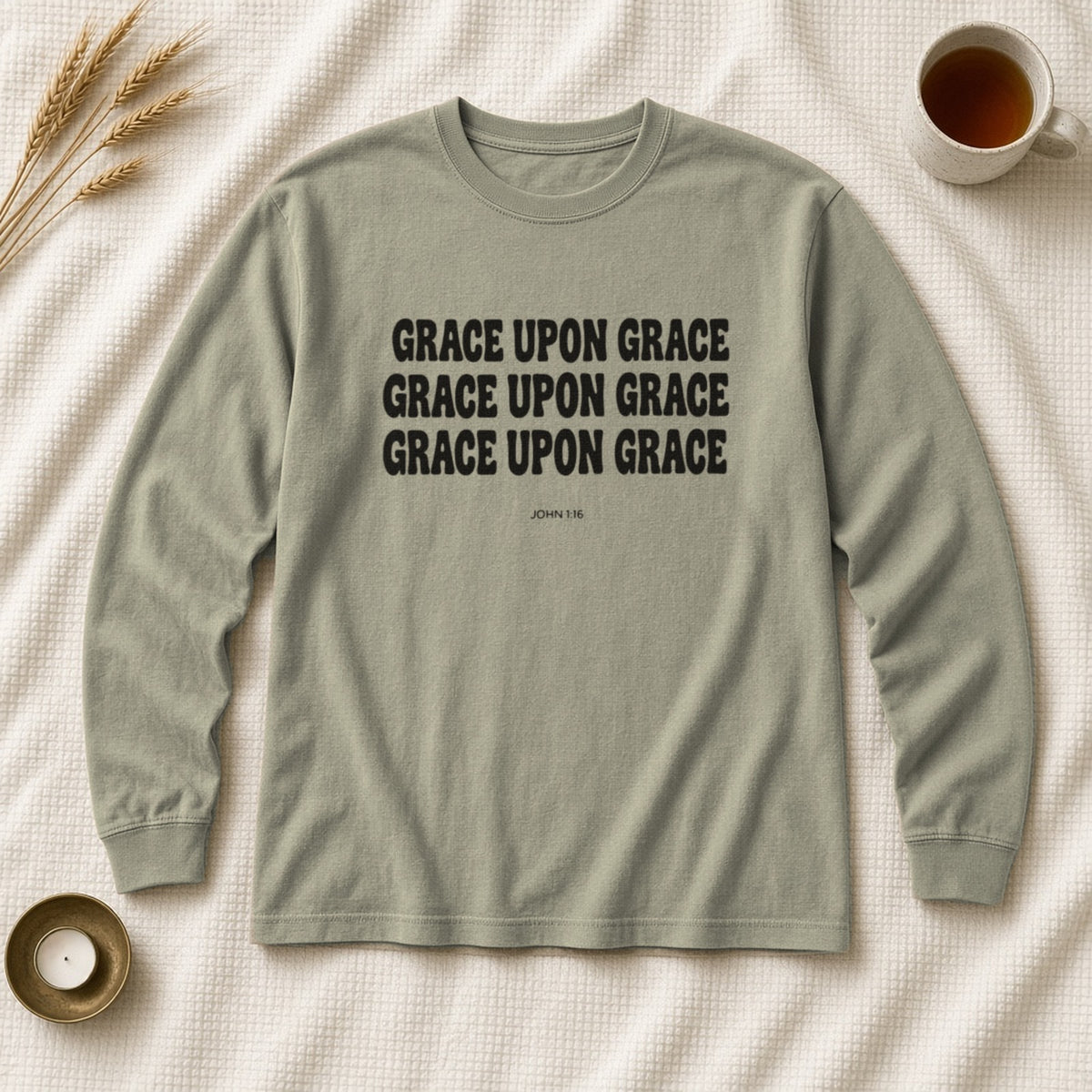 Grace Upon Grace John 1:16 sandstone long sleeve tee, flat lay