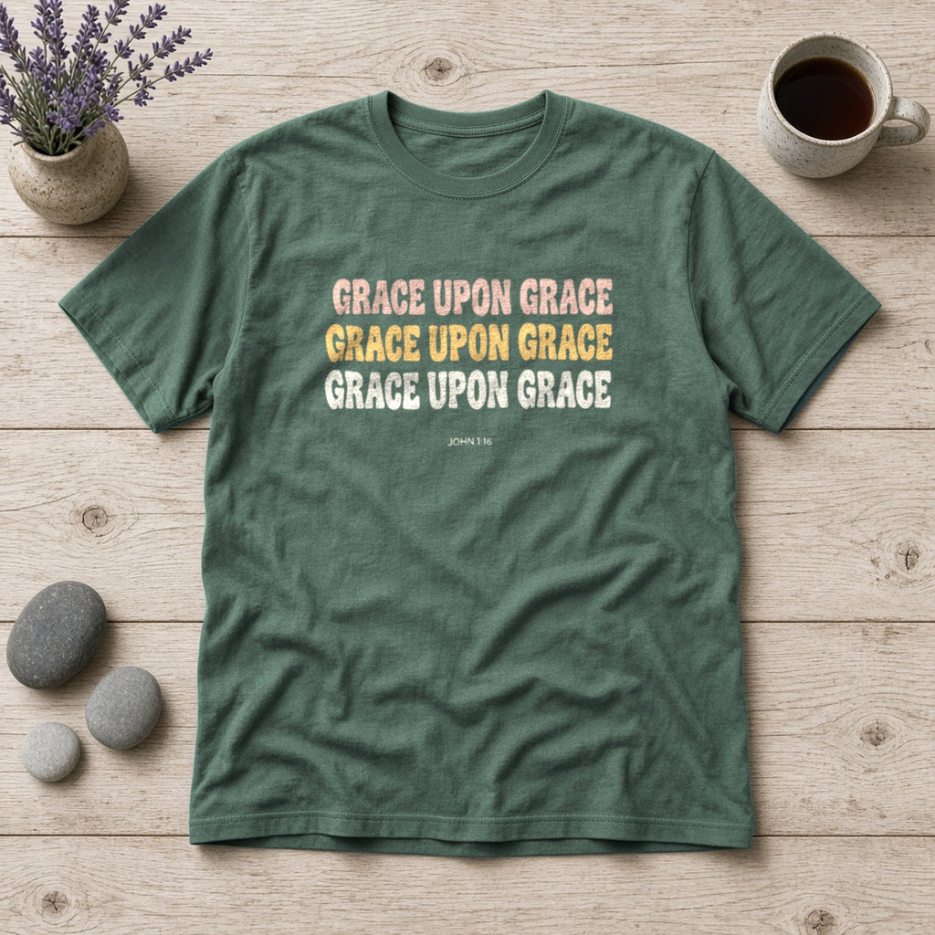 Grace Upon Grace John 1:16 blue spruce tee, flat lay