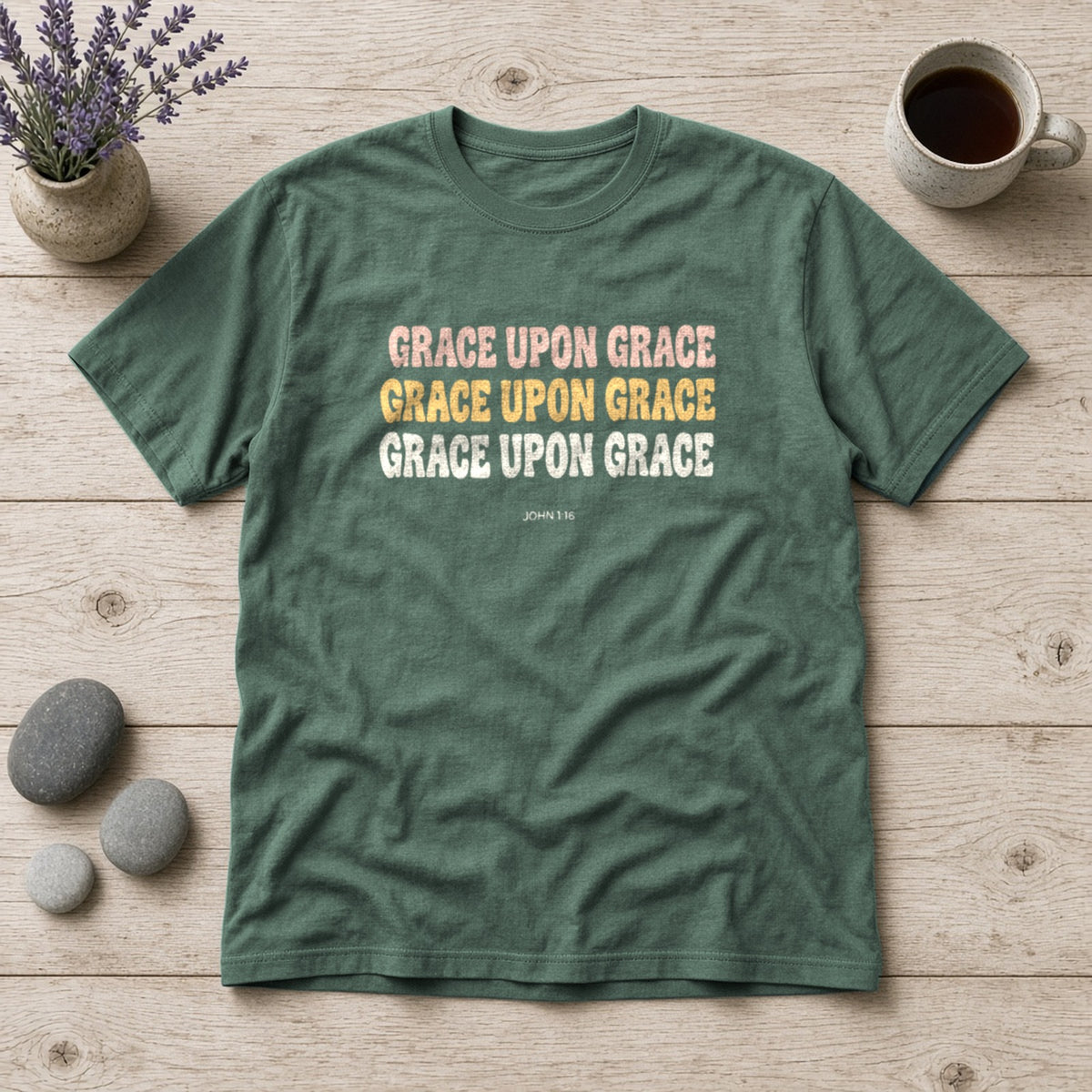 Grace Upon Grace John 1:16 blue spruce tee, flat lay