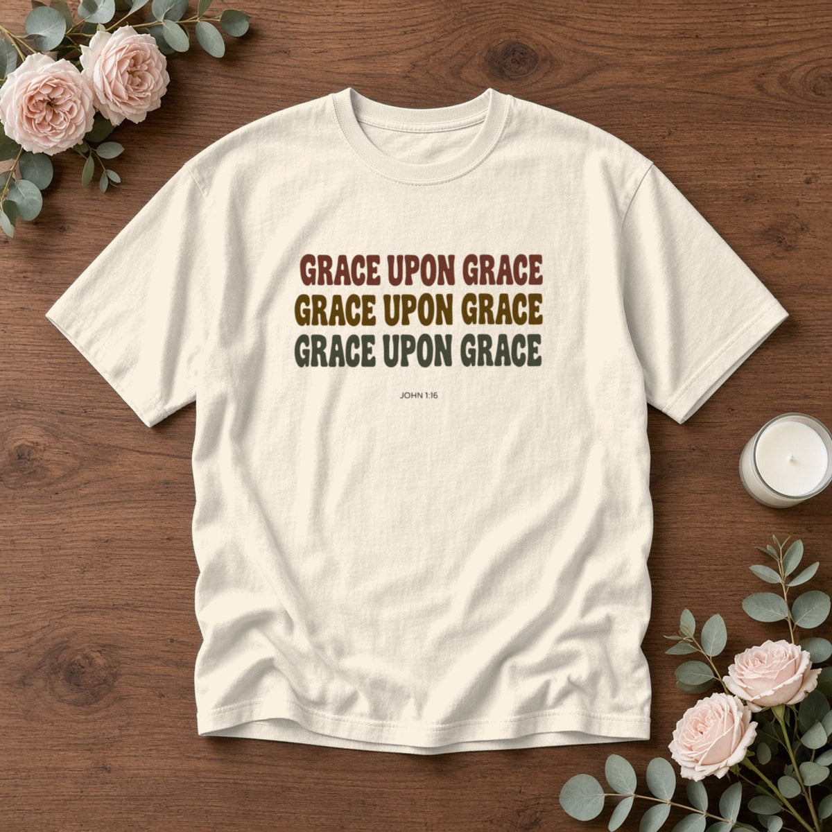 Grace Upon Grace John 1:16 ivory tee, flat lay