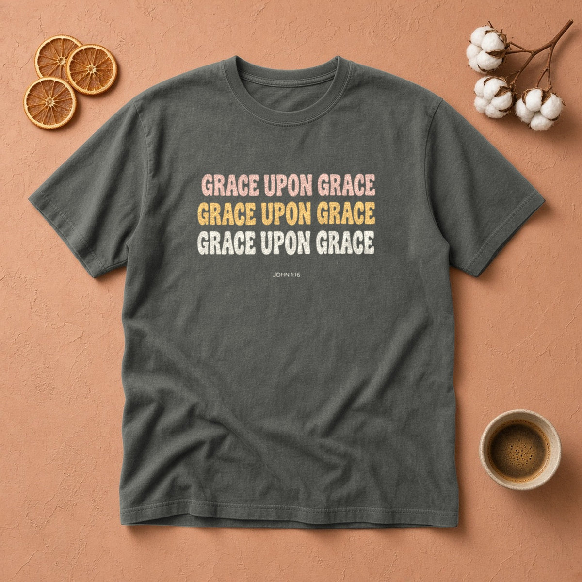 Grace Upon Grace John 1:16 pepper tee, flat lay