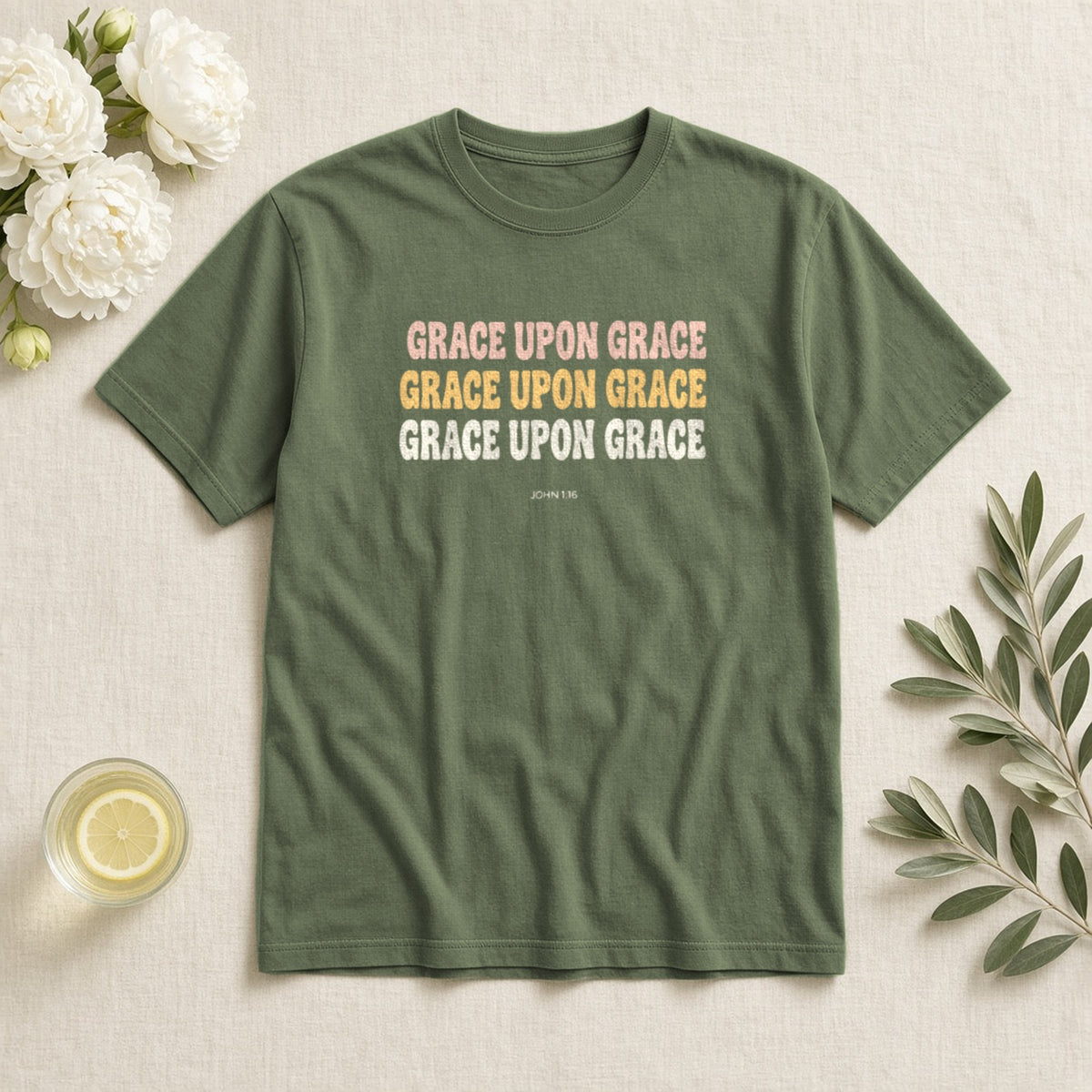 Grace Upon Grace John 1:16 sage tee, flat lay