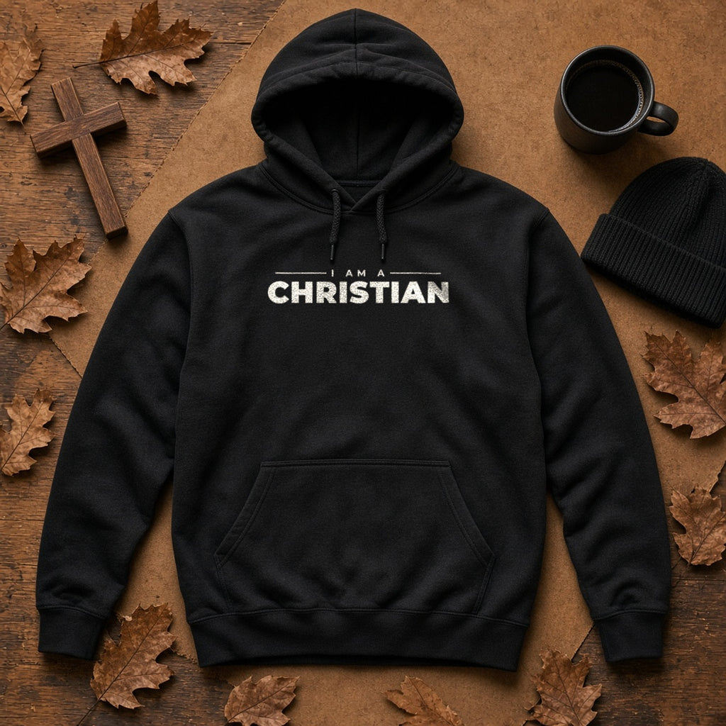 I Am a Christian Christian hoodie in black, styled flat lay