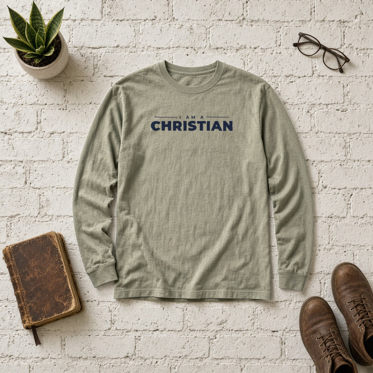 I Am a Christian Christian long sleeve tee in sandstone, styled flat lay