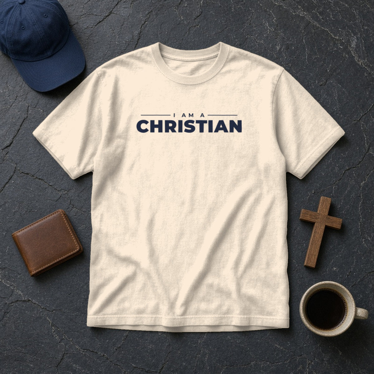 I Am a Christian tee in ivory, styled flat lay
