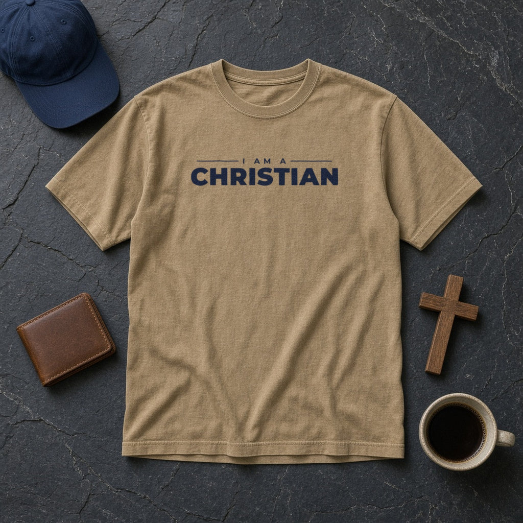 I Am a Christian Christian tee in khaki, styled flat lay