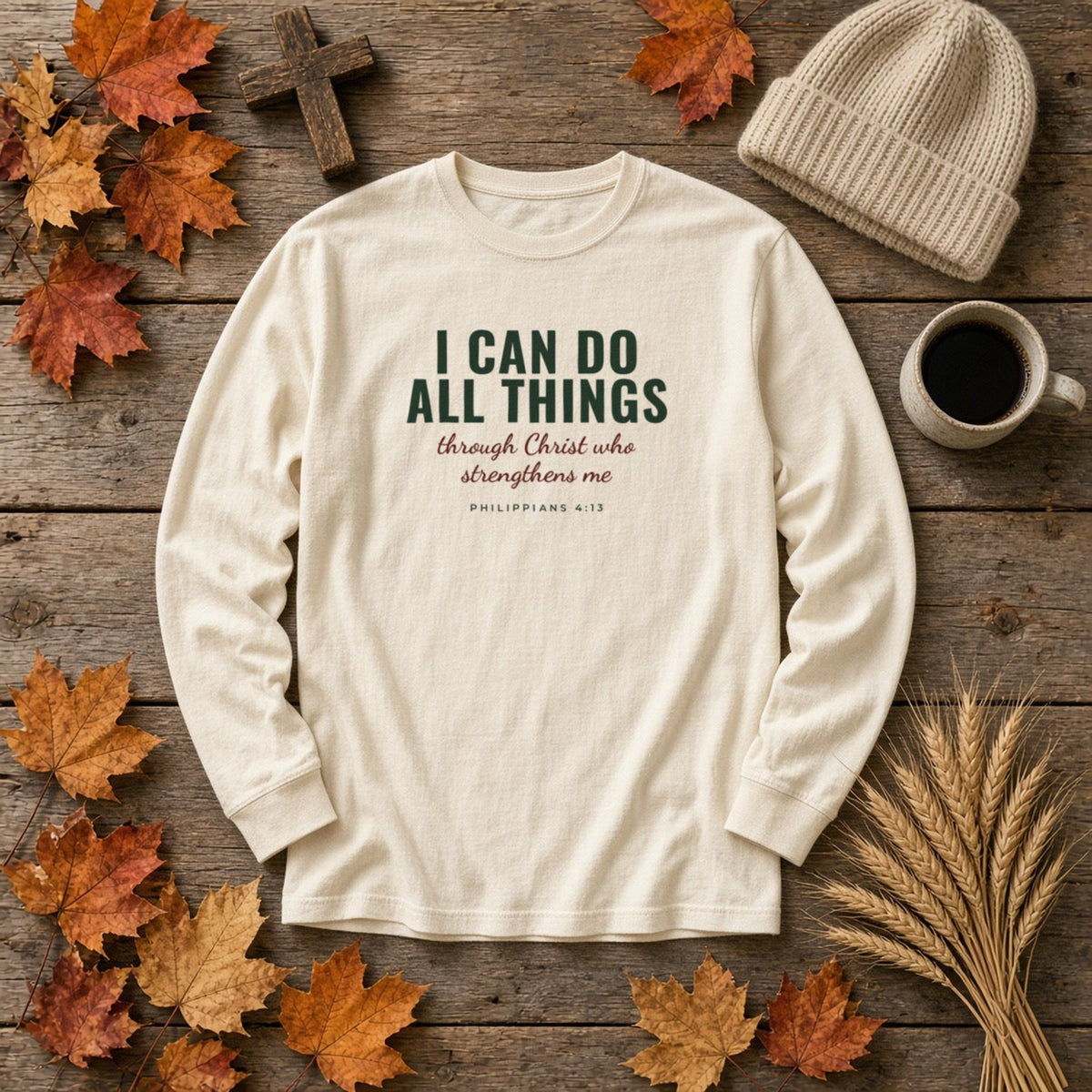 I Can Do All Things Philippians 4:13 Christian long sleeve tee in ivory, styled flat lay