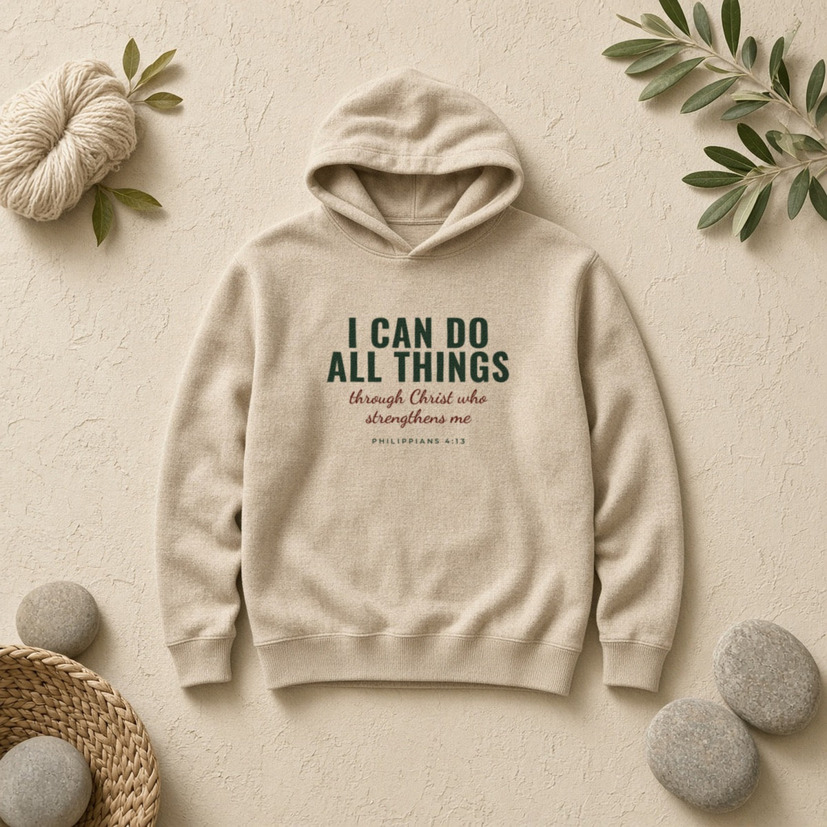 I Can Do All Things Philippians 4:13 Christian hoodie in sand, styled flat lay