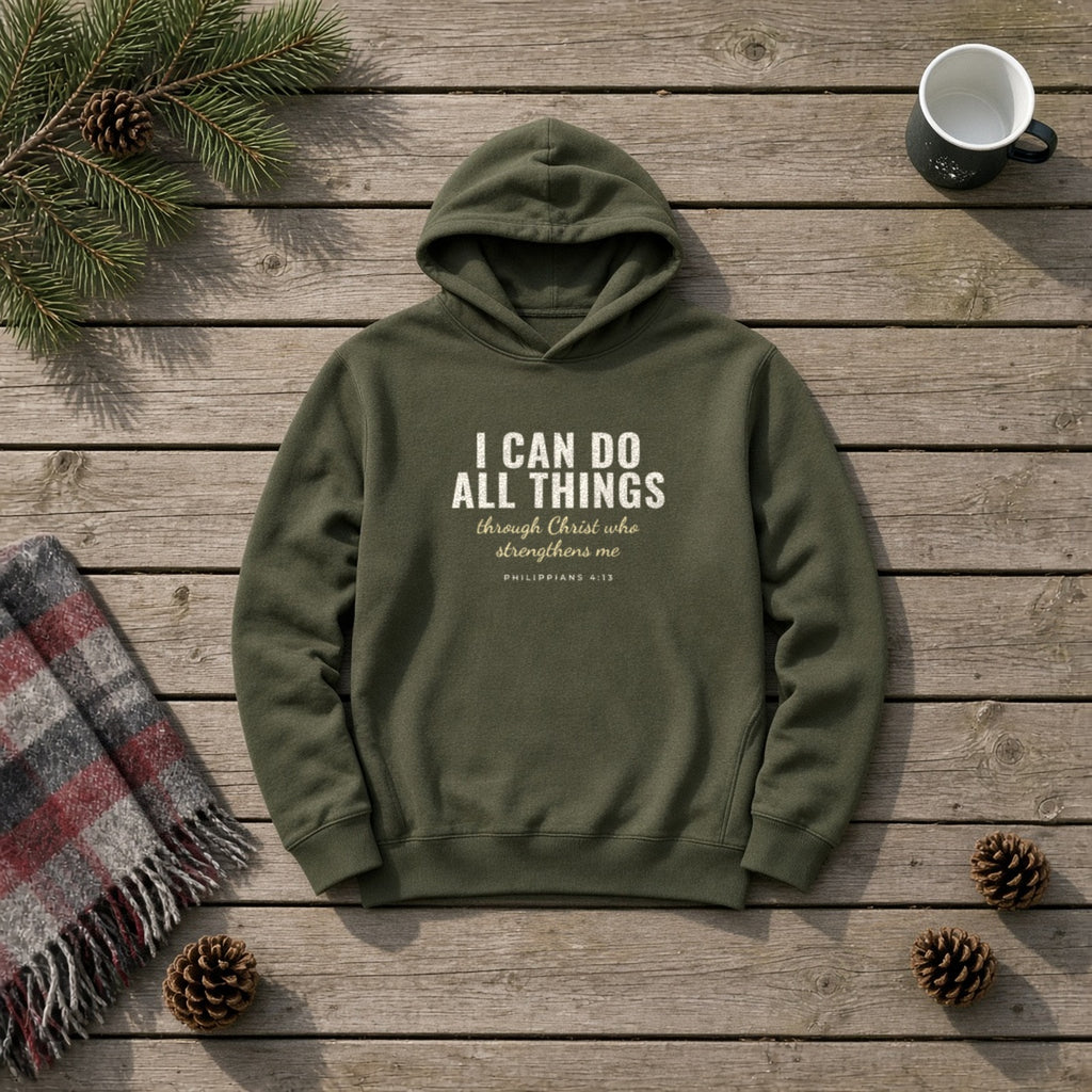 I Can Do All Things Philippians 4:13 Christian hoodie in military green, styled flat lay
