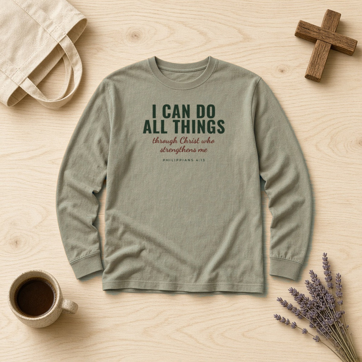 I Can Do All Things Philippians 4:13 Christian long sleeve tee in sandstone, styled flat lay