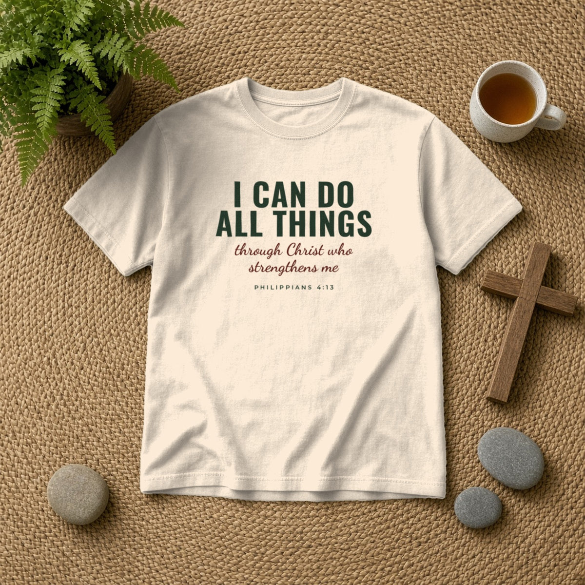 I Can Do All Things Philippians 4:13 Christian tee in ivory, styled flat lay