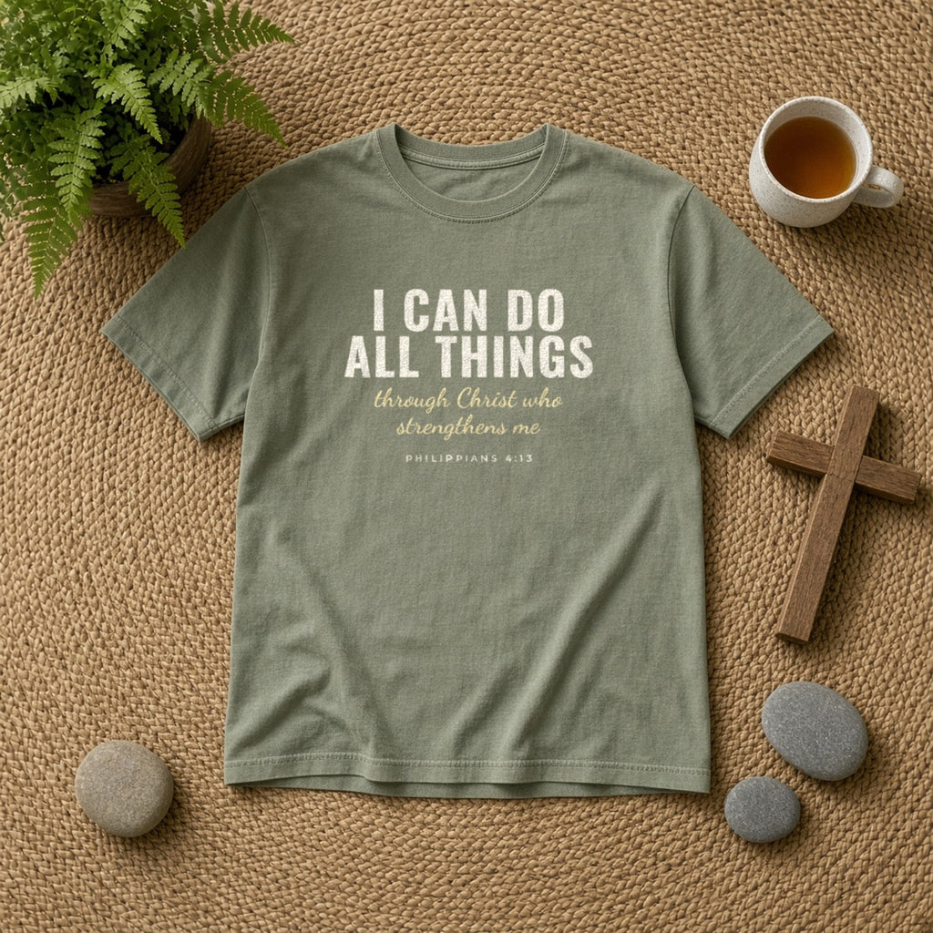I Can Do All Things Philippians 4:13 Christian tee in sage, styled flat lay