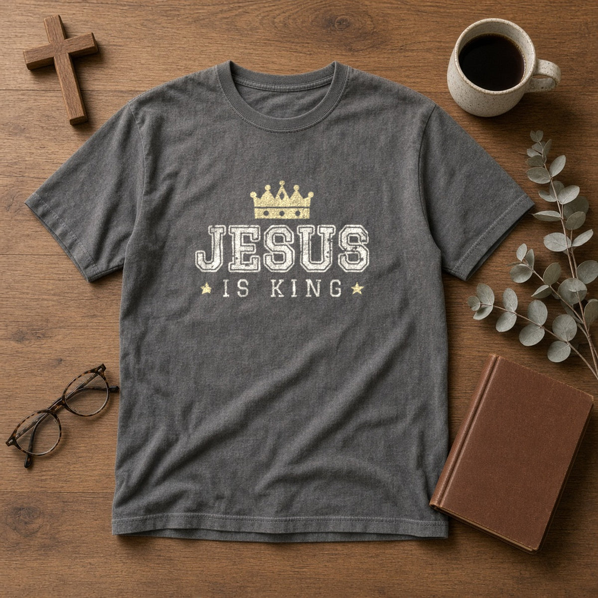 Jesus Is King Christian tee in pepper, styled flat lay