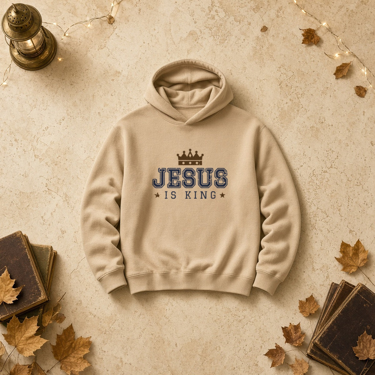 Jesus Is King Christian hoodie in sand, styled flat lay
