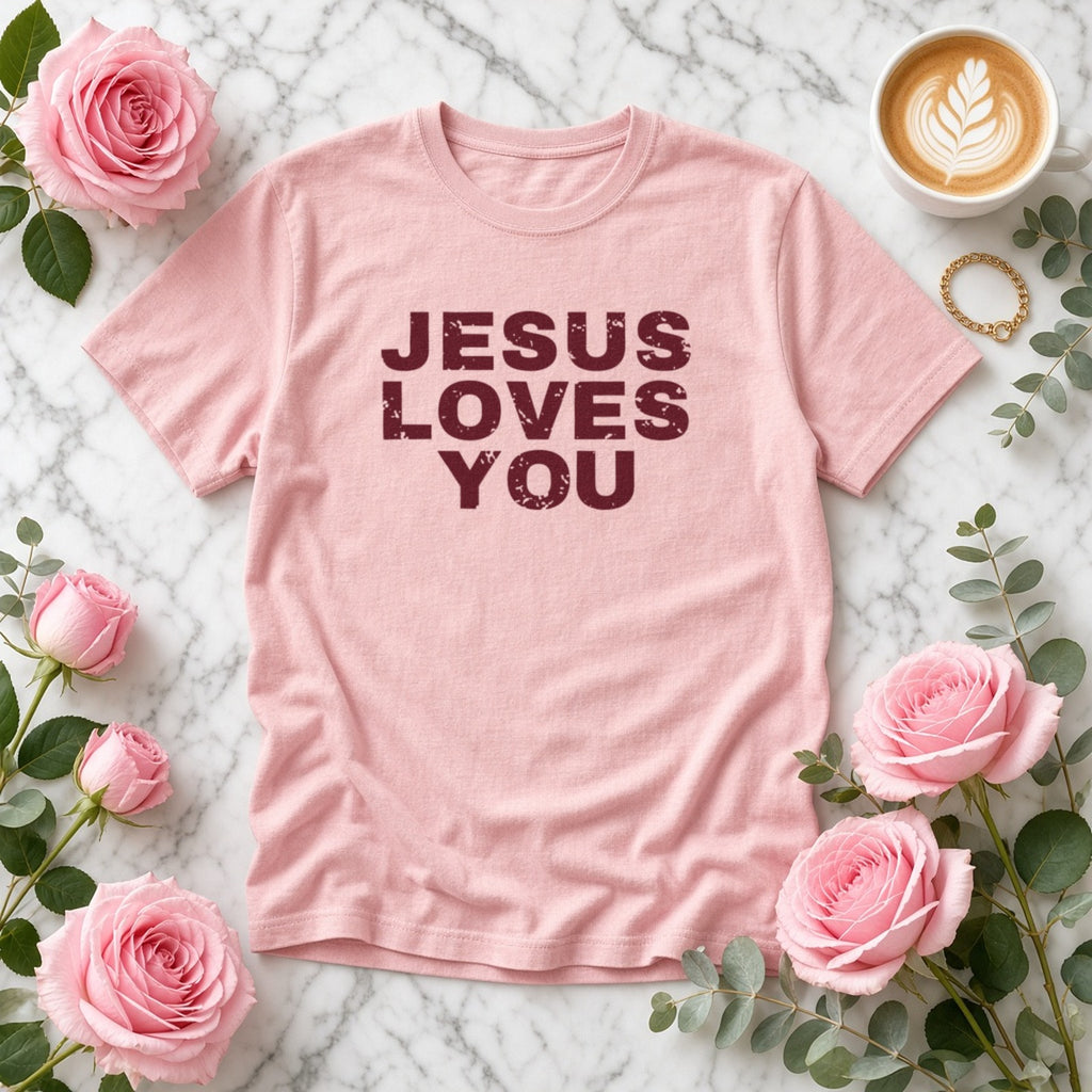 Jesus Loves You Christian tee in blossom, styled flat lay