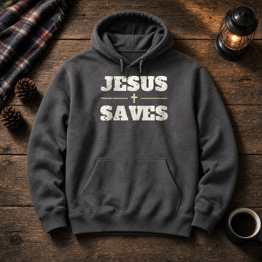 Jesus Saves Christian hoodie in charcoal, styled flat lay