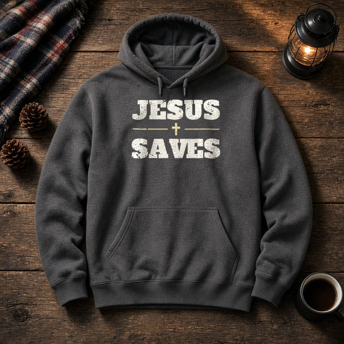 Jesus Saves Christian hoodie in charcoal, styled flat lay
