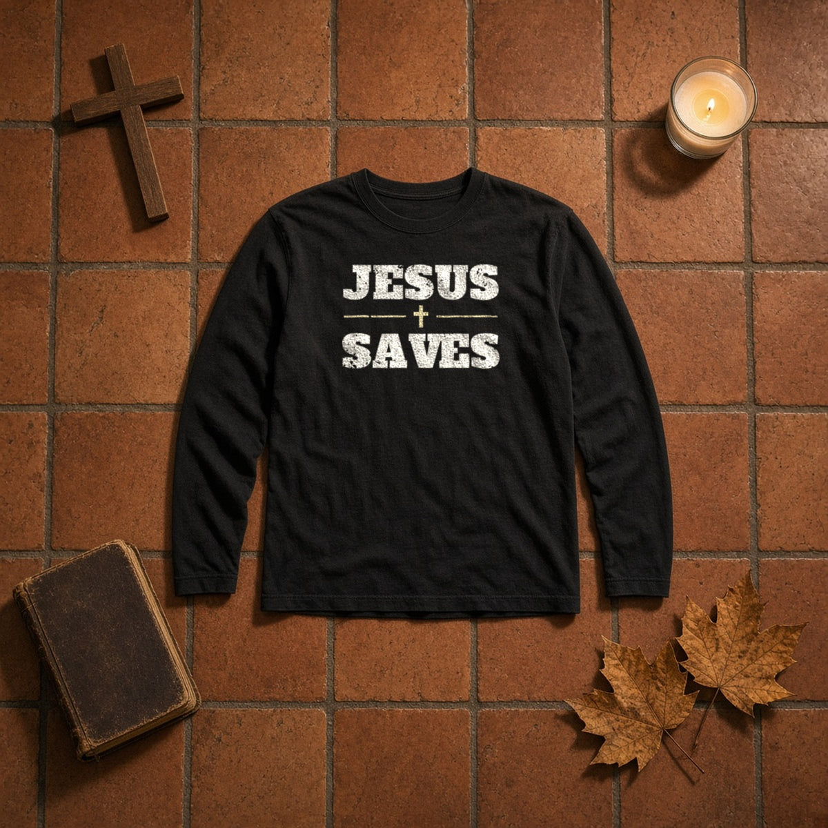 Jesus Saves Christian long sleeve tee in black, styled flat lay