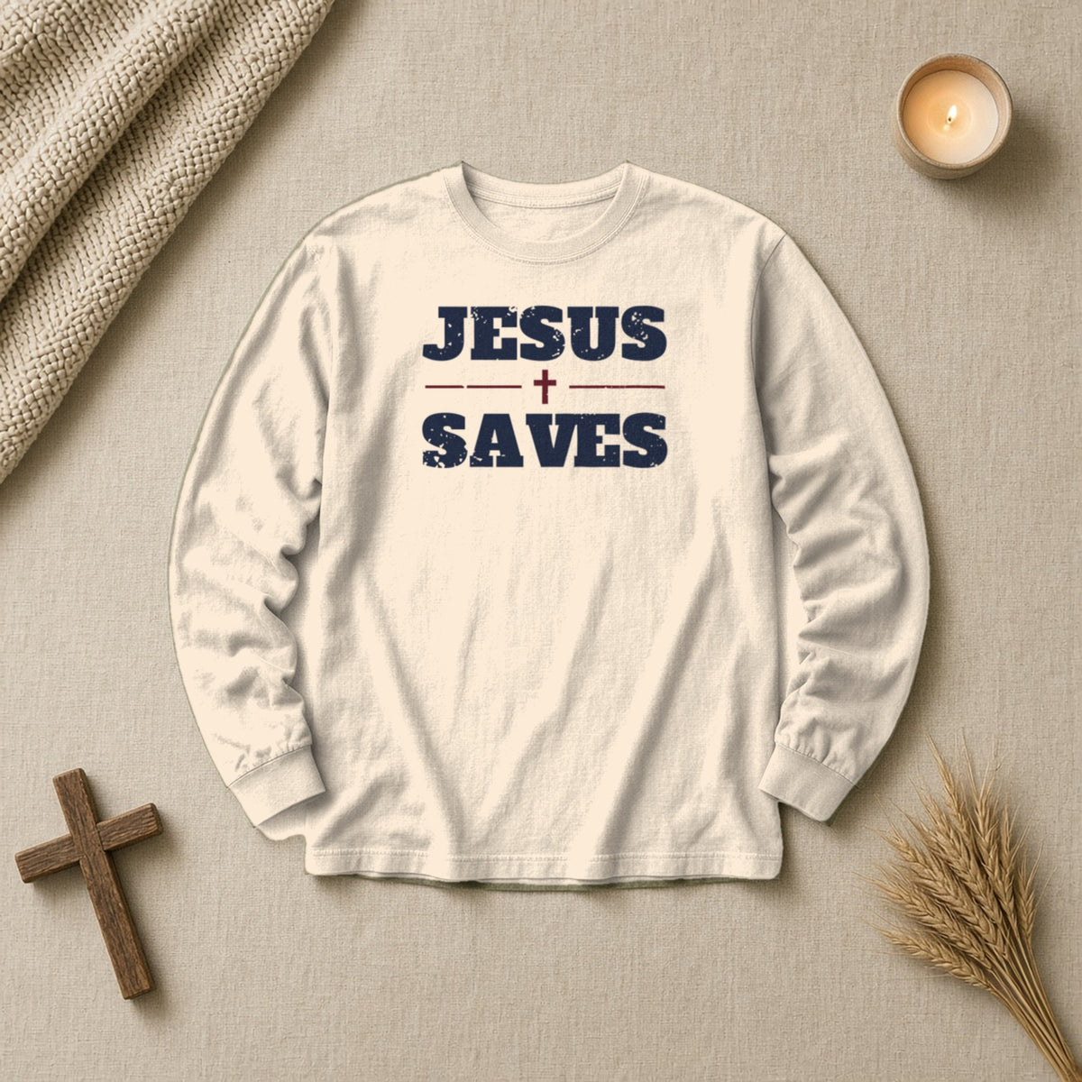 Jesus Saves Christian long sleeve tee in ivory, styled flat lay