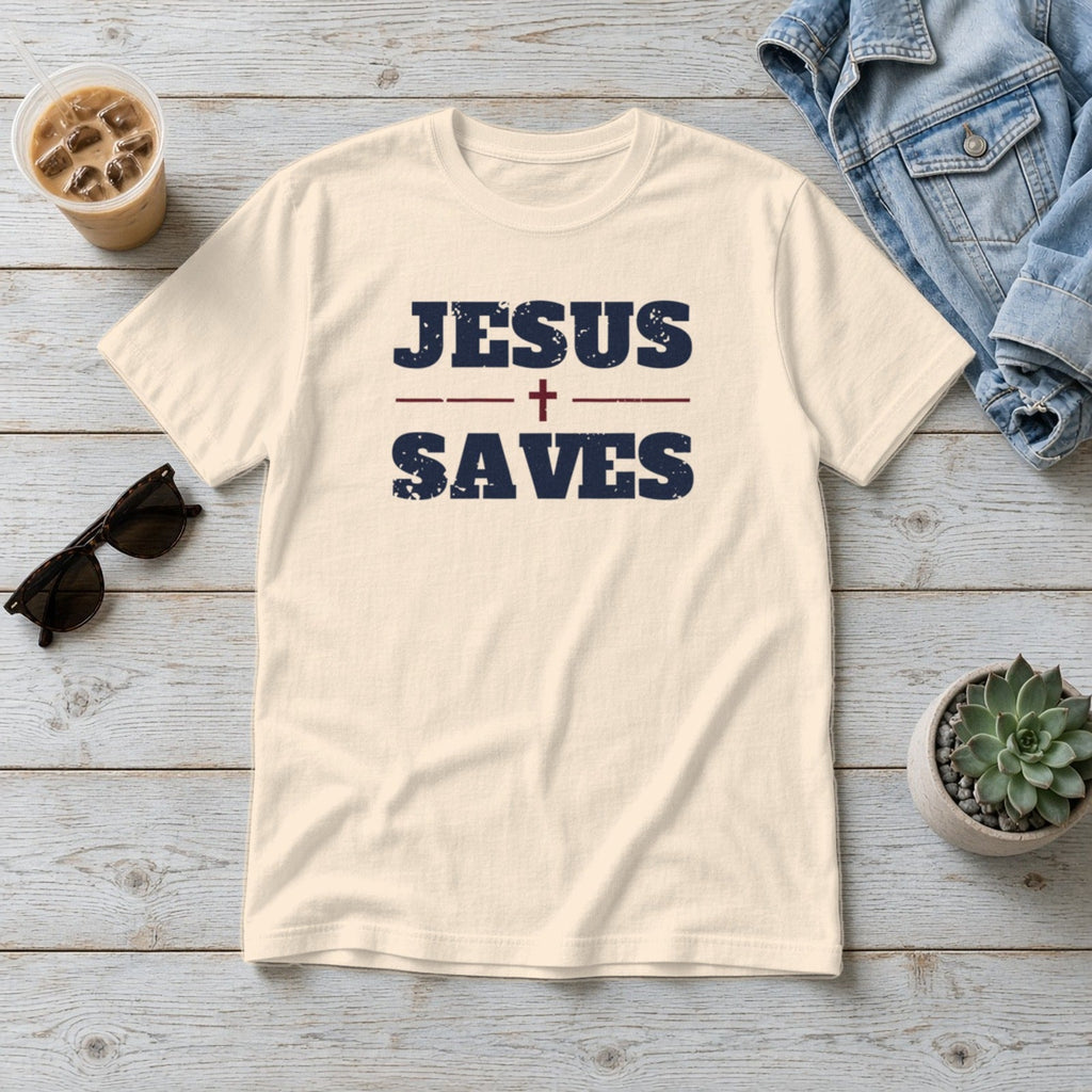 Jesus Saves Christian tee in ivory, styled flat lay