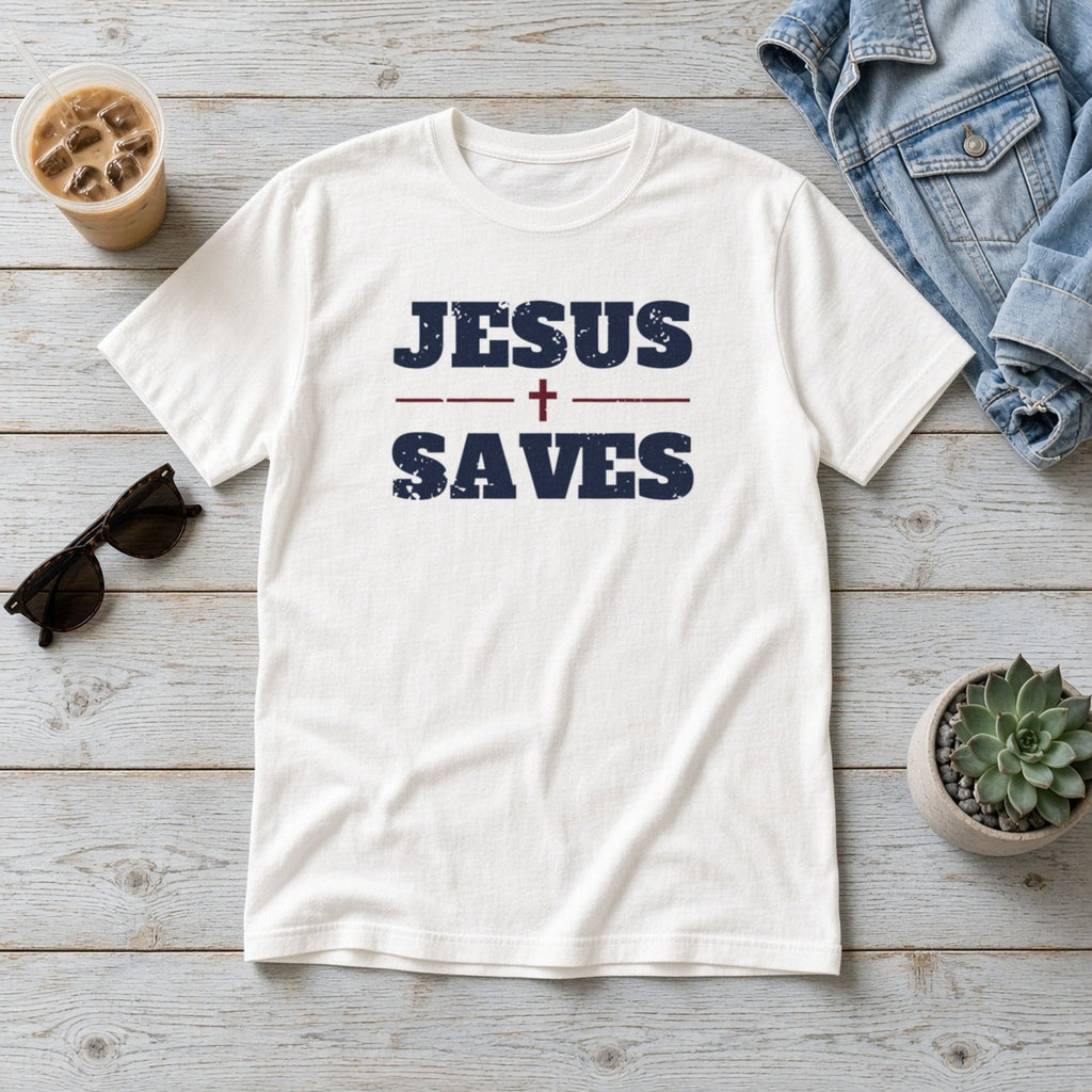 Jesus Saves Christian tee in white, styled flat lay