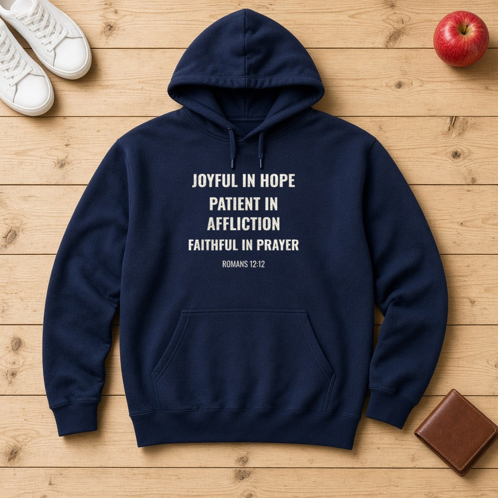Joyful in Hope Romans 12:12 navy hoodie, flat lay