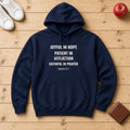 Joyful in Hope Romans 12:12 navy hoodie, flat lay