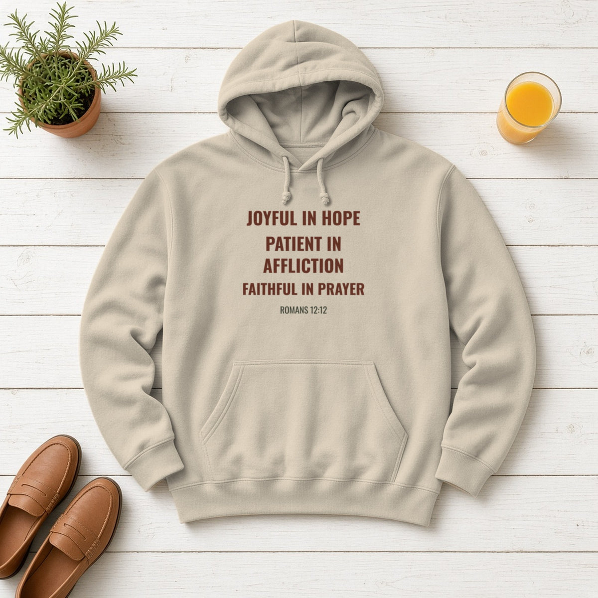 Joyful in Hope Romans 12:12 sand hoodie, flat lay