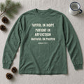Joyful in Hope Romans 12:12 blue spruce long sleeve tee, flat lay