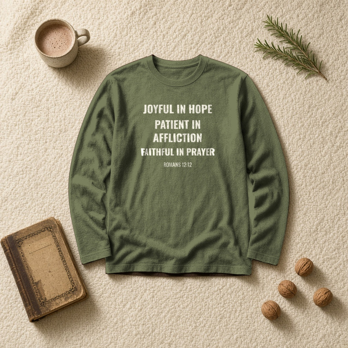 Joyful in Hope Romans 12:12 hemp long sleeve tee, flat lay