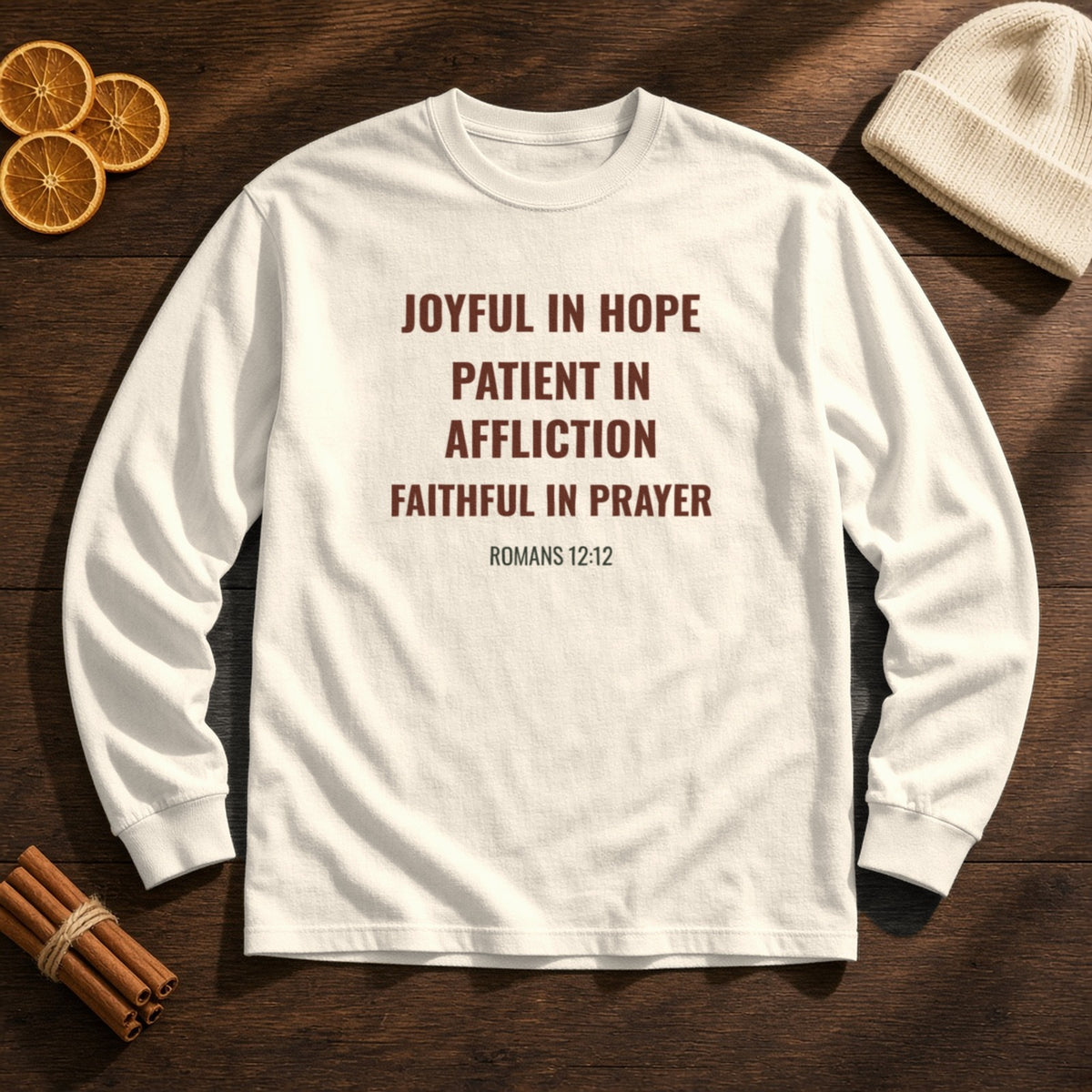 Joyful in Hope Romans 12:12 ivory long sleeve tee, flat lay
