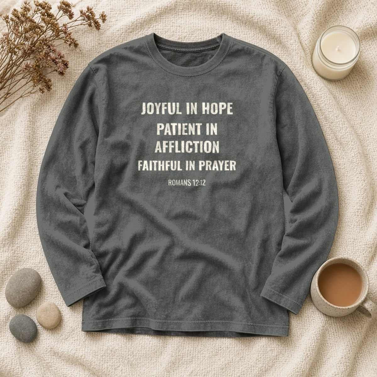 Joyful in Hope Romans 12:12 pepper long sleeve tee, flat lay