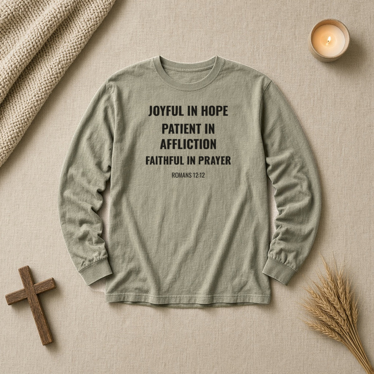Joyful in Hope Romans 12:12 sandstone long sleeve tee, flat lay