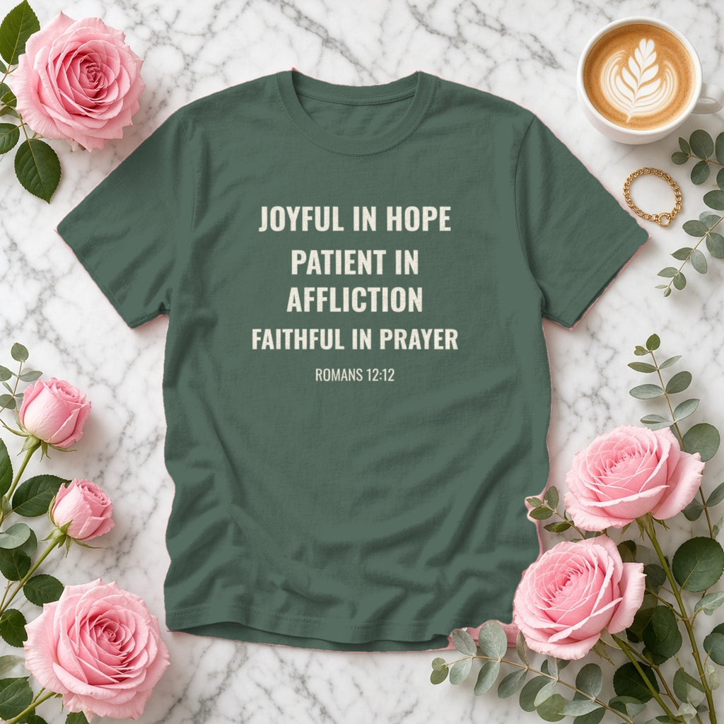 Joyful in Hope Romans 12:12 blue spruce tee, flat lay