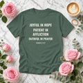 Joyful in Hope Romans 12:12 blue spruce tee, flat lay
