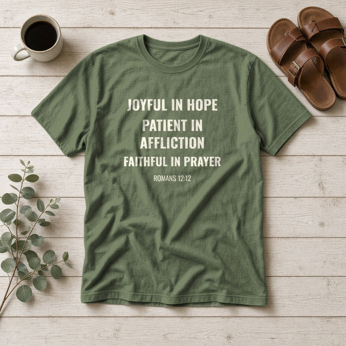 Joyful in Hope Romans 12:12 sage tee, flat lay