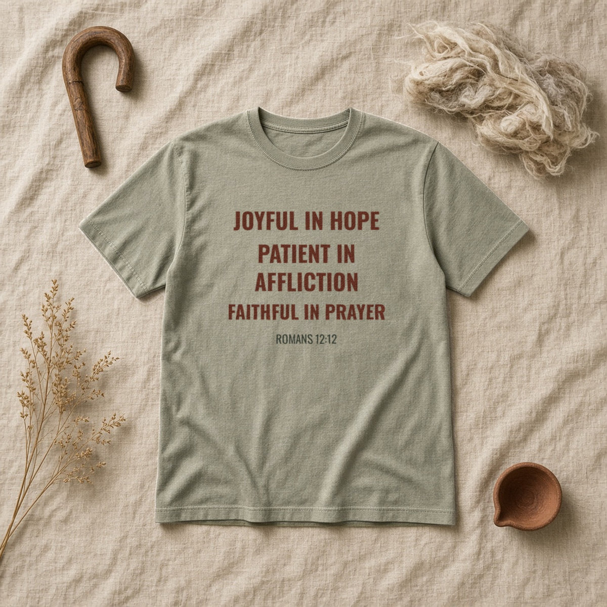 Joyful in Hope Romans 12:12 sandstone tee, flat lay