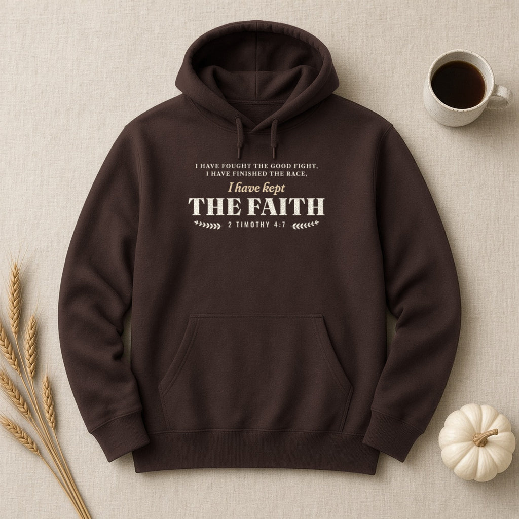 Kept the Faith 2 Timothy 4:7 hoodie in Dark Chocolate, flat lay