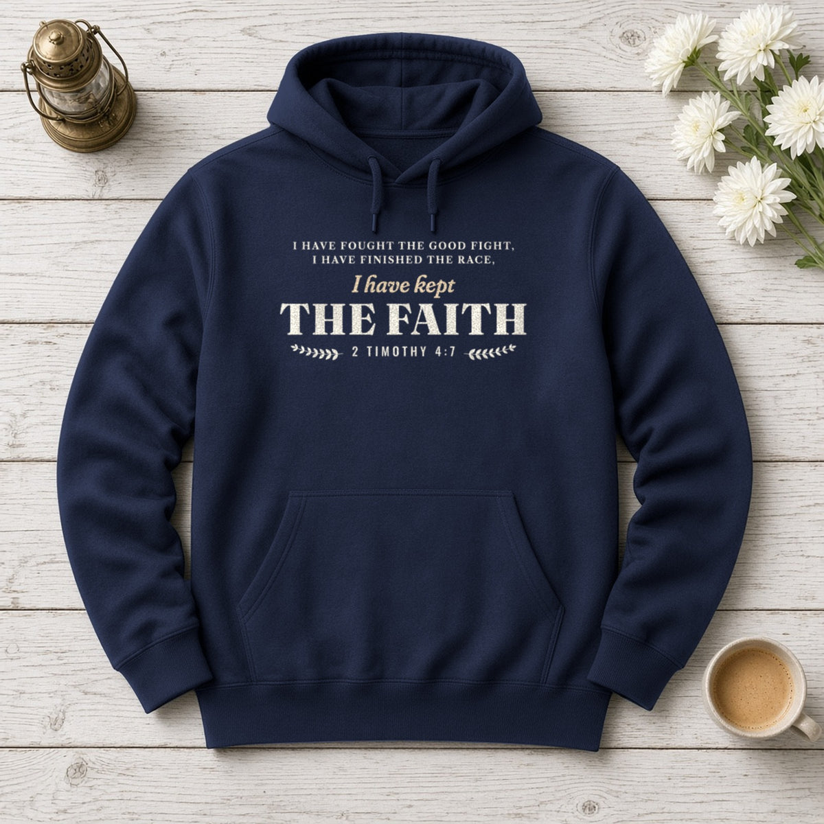 Kept the Faith 2 Timothy 4:7 hoodie in Navy, flat lay