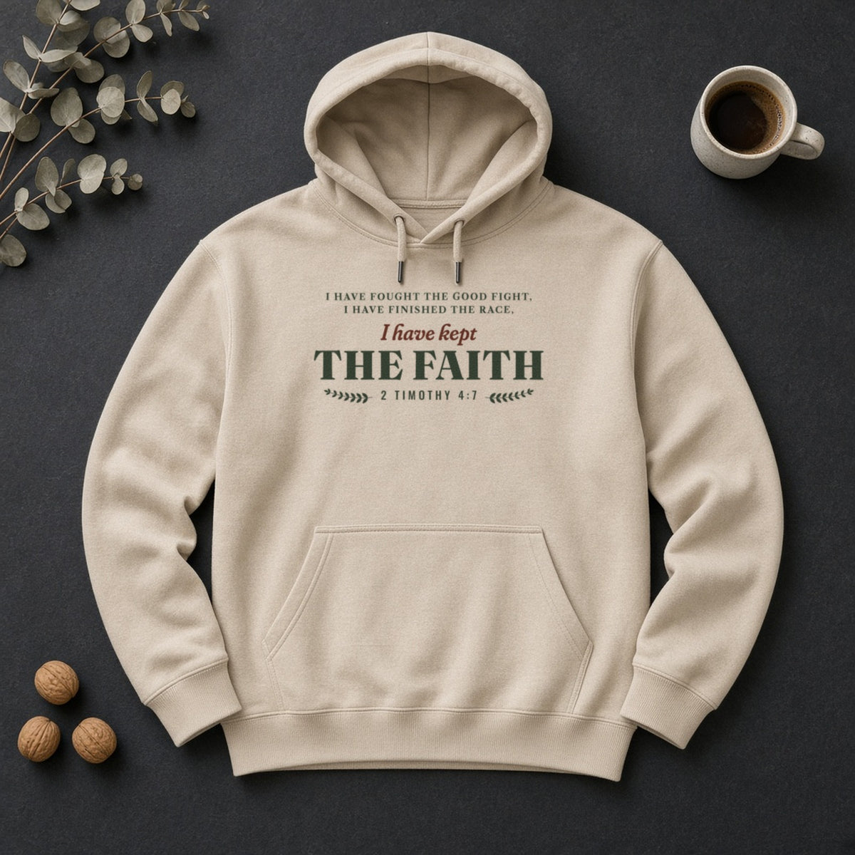 Kept the Faith 2 Timothy 4:7 hoodie in Sand, flat lay