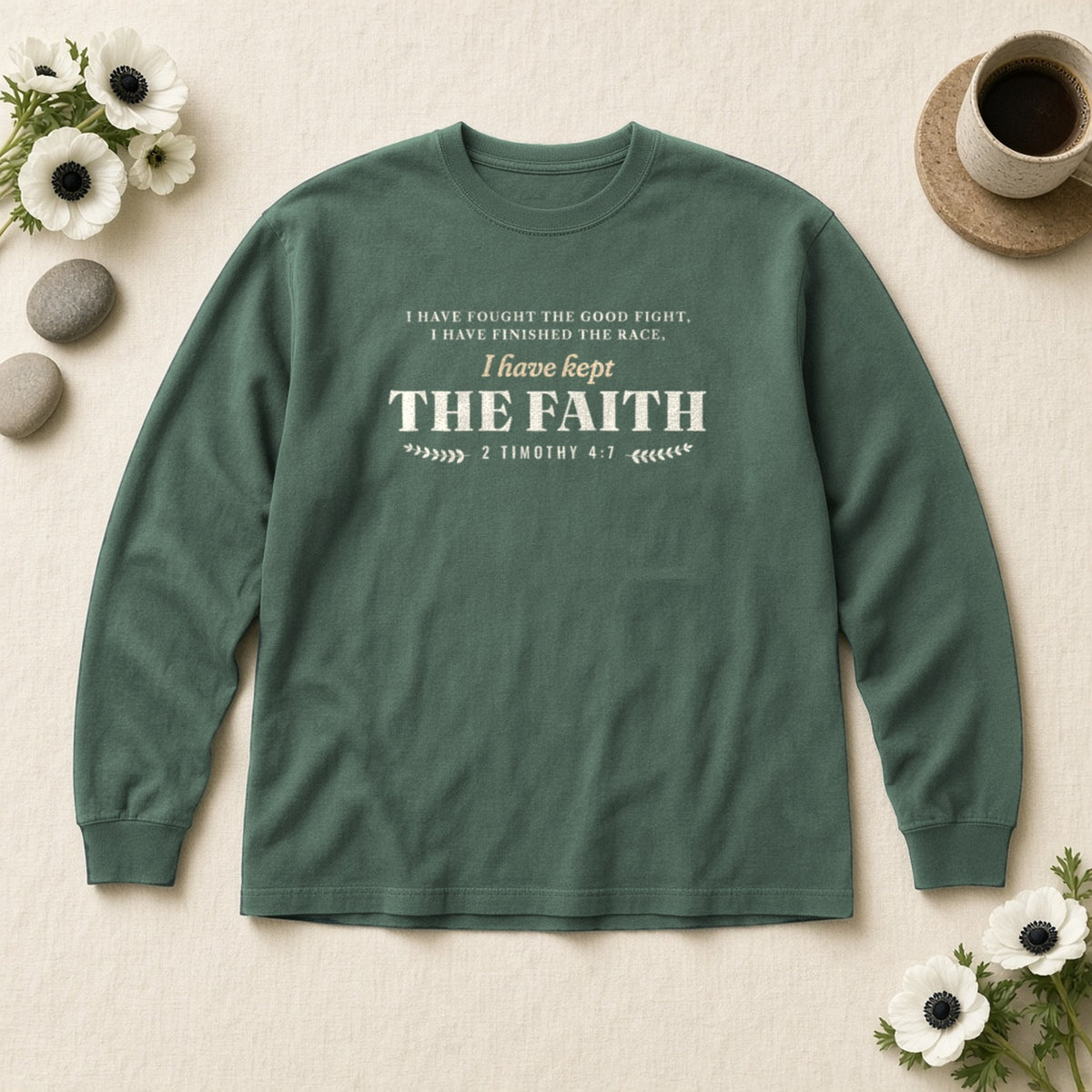 Kept the Faith 2 Timothy 4:7 long sleeve tee in Blue Spruce, flat lay